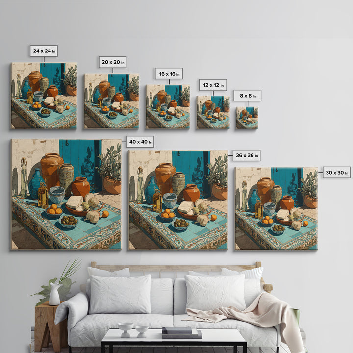 Figs Olives and Cheese Still Life Framed Canvas Print, Mediterranean Art, Gallery Decor, Living Room Decor, Fine Art, Azure, MAR-1x1-32