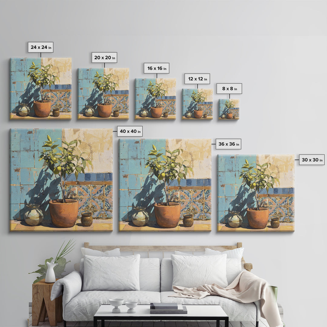 Citrus Tree in Clay Pot Framed Canvas Print, Mediterranean Art, Landscape Painting, Living Room Decor, Watercolor Art, Azure, MAR-1x1-34
