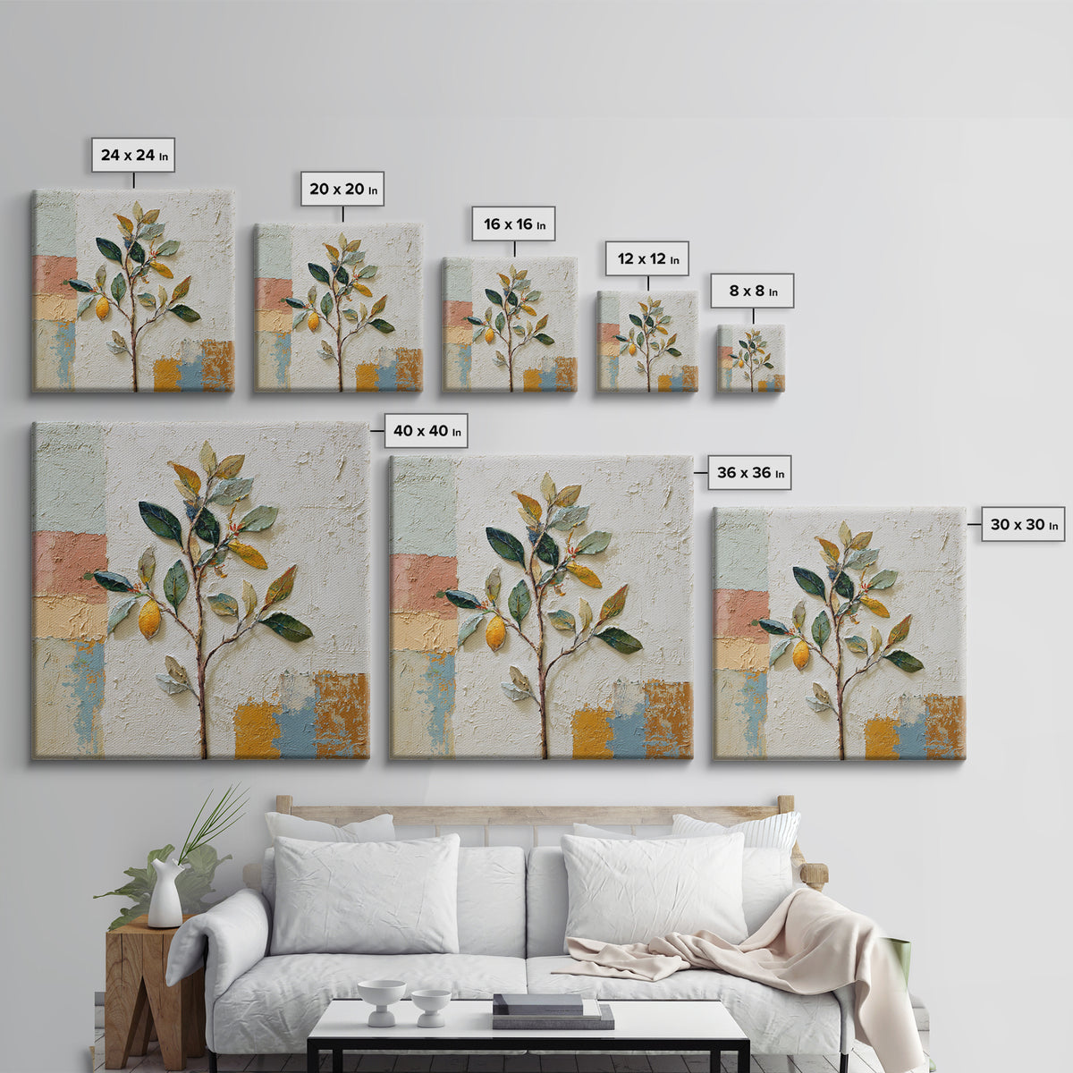 Sicilian Lemon Branch on Ivory Background Framed Canvas Print, Mediterranean Art, Gallery Wall Art, Living Room Decor, Azure, MAR-1x1-37