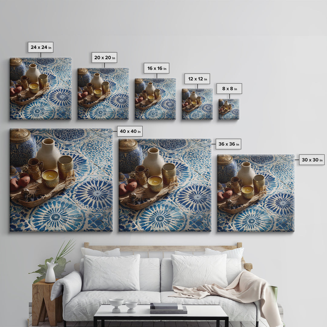Blue and White Tile Pattern Canvas Print, Mediterranean Art, Printable Wall Art, Living Room Decor, Watercolor Art, Azure, MAR-1x1-4