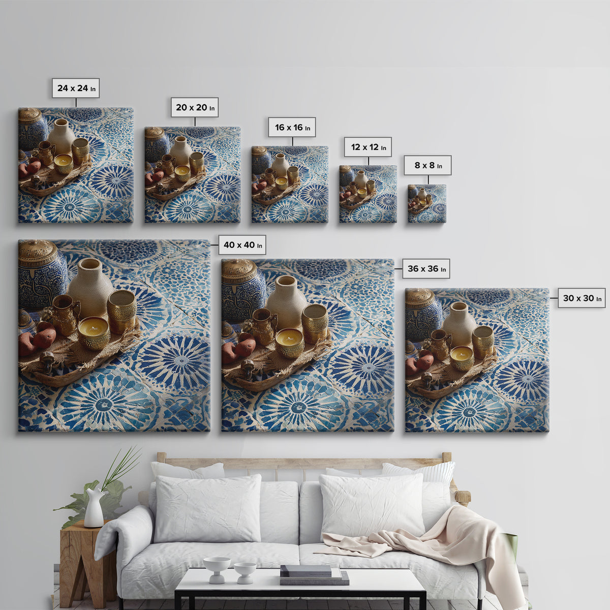 Blue and White Tile Pattern Canvas Print, Mediterranean Art, Printable Wall Art, Living Room Decor, Watercolor Art, Azure, MAR-1x1-4