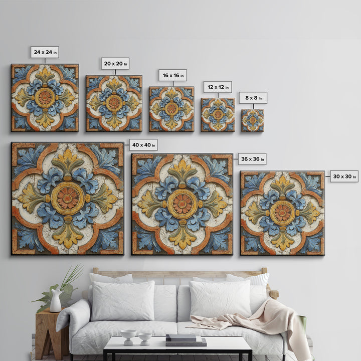 Spanish Tile Ornament Framed Canvas Print, Mediterranean Art, Luxury Decor, Living Room Decor, Fine Art, Azure, Framed Wall Art, MAR-1x1-40