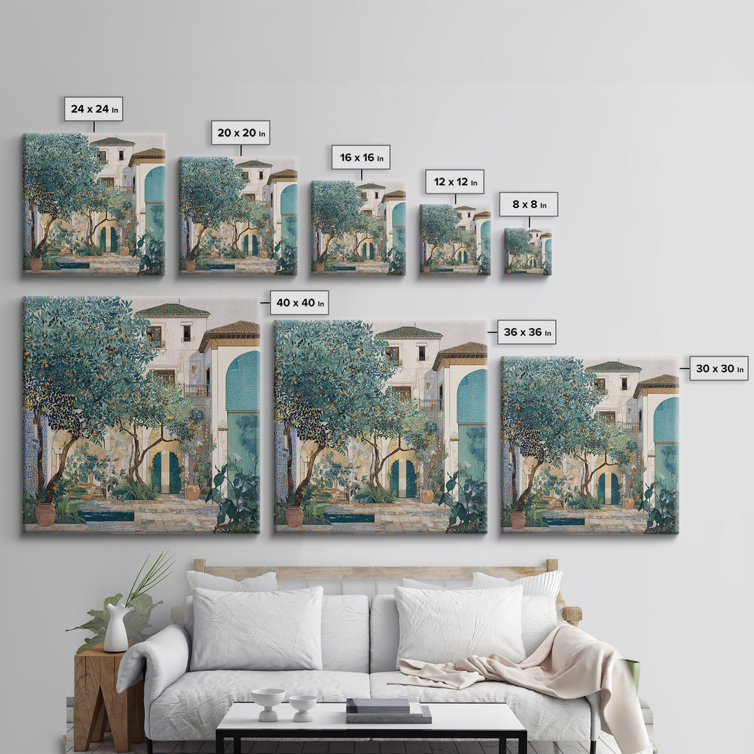 Olive Grove under Pale Morning Light Framed Canvas Print, Mediterranean Art, Landscape Wall Art, Living Room Decor, Azure, MAR-1x1-41