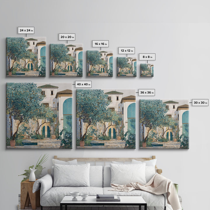 Olive Grove under Pale Morning Light Framed Canvas Print, Mediterranean Art, Landscape Wall Art, Living Room Decor, Azure, MAR-1x1-41