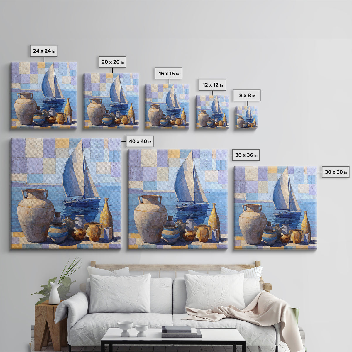 Mediterranean Sailboat on Glassy Water Framed Canvas Print, Mediterranean Art, Watercolor Art, Living Room Decor, Abstract Art, MAR-1x1-42