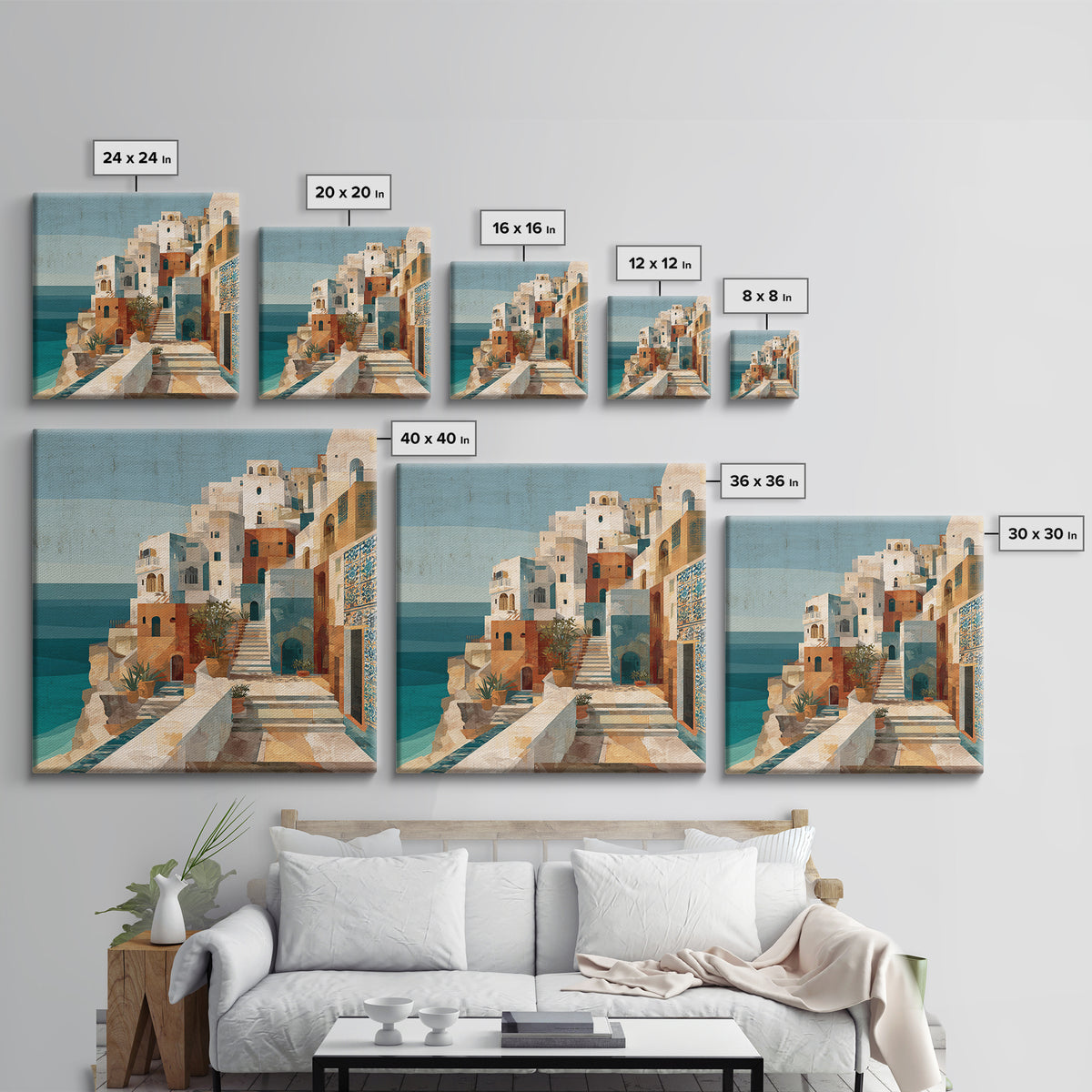 Coastal Cliffs with Sparkling Blue Water Framed Canvas Print, Mediterranean Art, Horizontal Wall Art, Living Room Decor, Azure, MAR-1x1-44