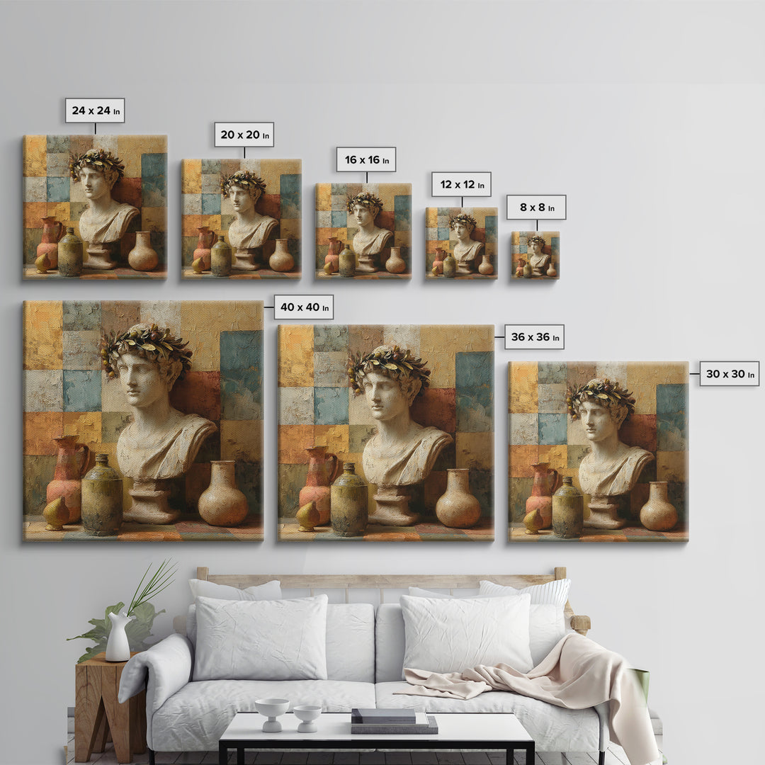 Roman Statue Bust Framed Canvas Print, Mediterranean Art, Coastal Decor, Living Room Decor, Fine Art, Azure, Wall Decor, MAR-1x1-46