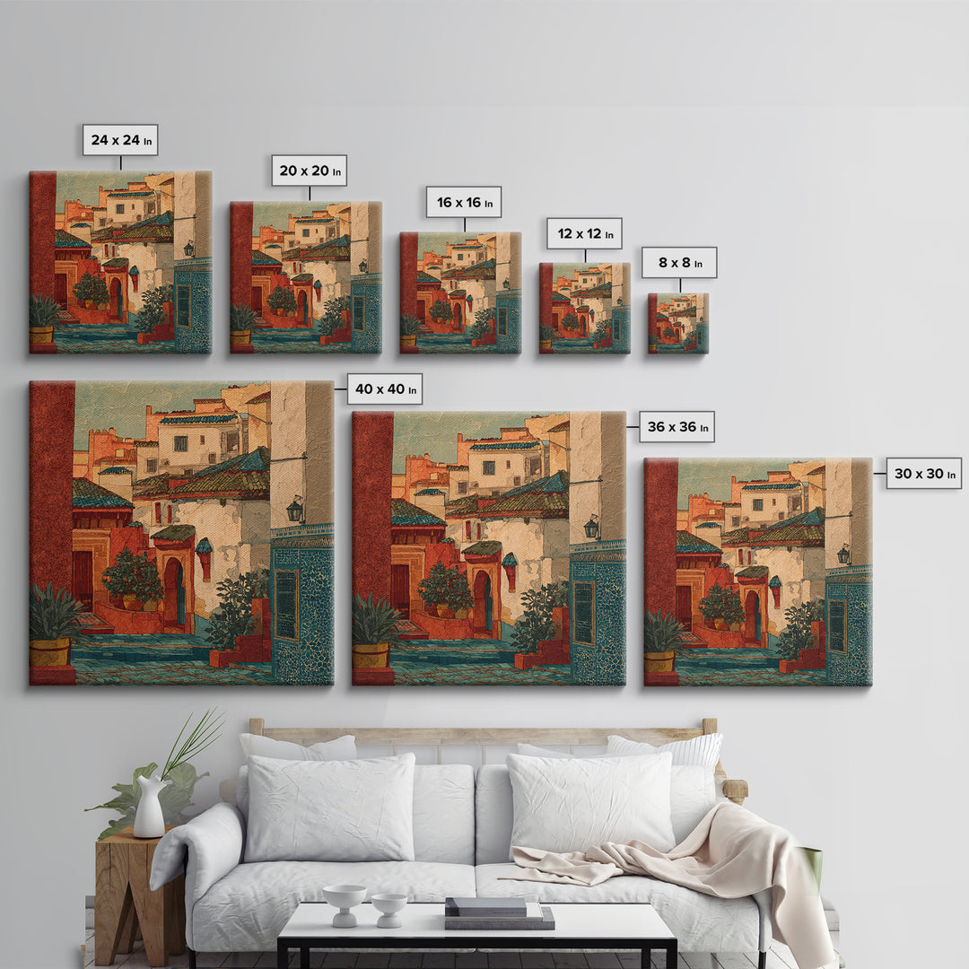 Sunset over Red Tiled Rooftops Framed Canvas Print, Mediterranean Art, Watercolor Painting, Living Room Decor, Fine Art, Azure, MAR-1x1-47