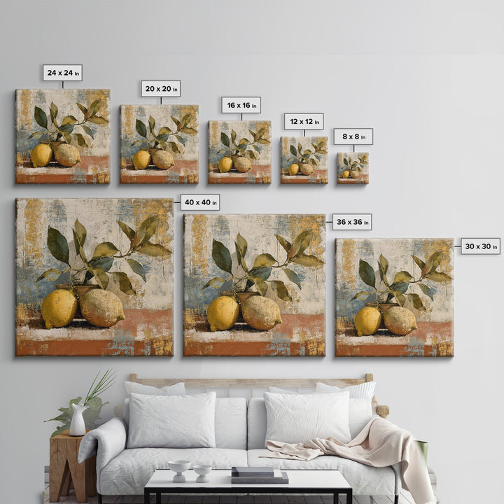 Olive Branch and Lemons on Terracotta Ground Canvas Print, Mediterranean Art, Minimalist Wall Art, Living Room Decor, Azure, MAR-1x1-50