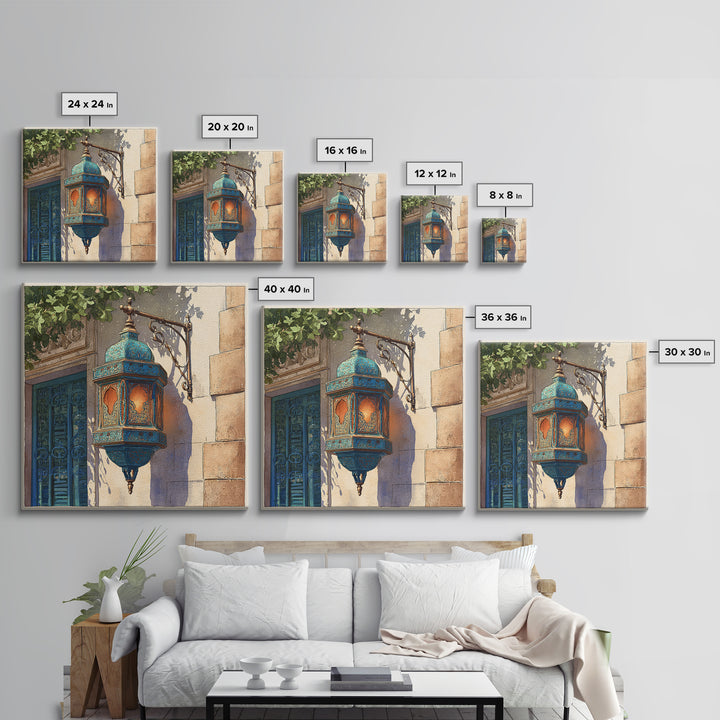 Moroccan Influenced Lantern Framed Canvas Print, Mediterranean Art, Living Room Art, Living Room Decor, Abstract Art, Azure, MAR-1x1-57