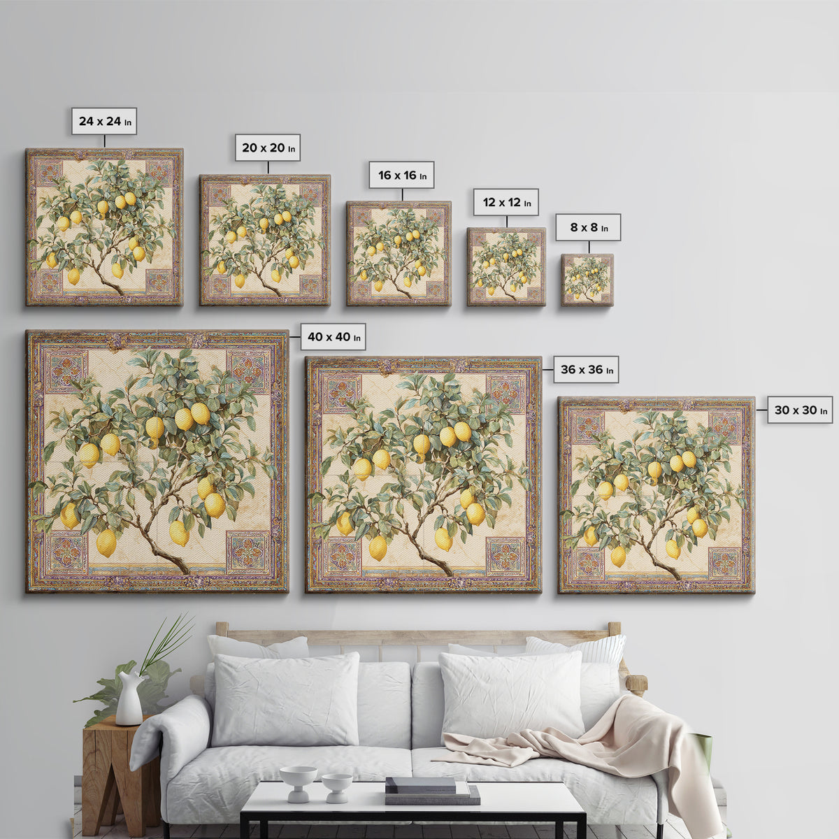 Sicilian Lemon Branch on Ivory Background Framed Canvas Print, Mediterranean Art, Gallery Wall Art, Living Room Decor, Azure, MAR-1x1-61