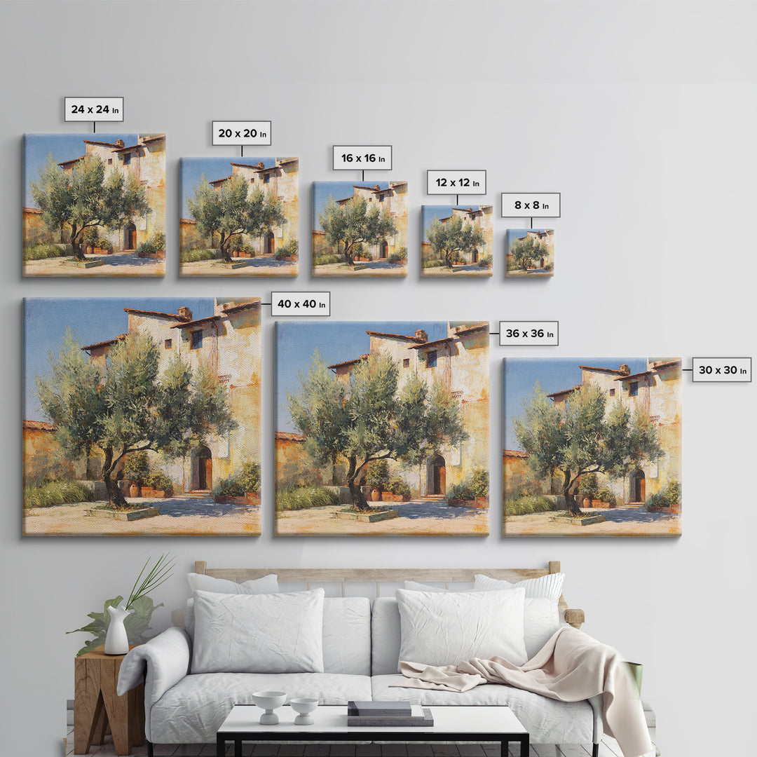 Olive Grove under Pale Morning Light Framed Canvas Print, Mediterranean Art, Landscape Wall Art, Living Room Decor, Azure, MAR-1x1-65