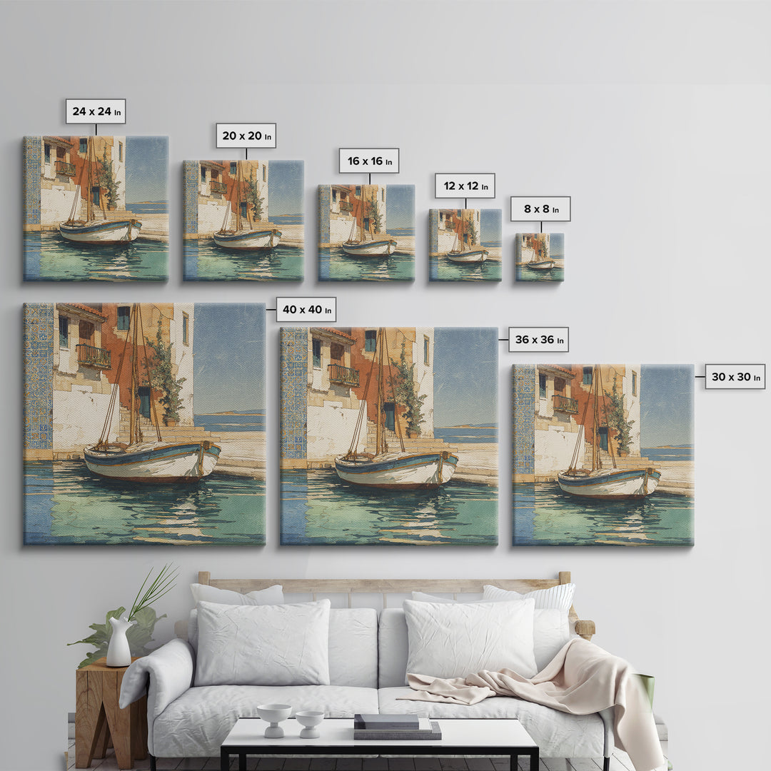 Mediterranean Sailboat on Glassy Water Framed Canvas Print, Mediterranean Art, Watercolor Art, Living Room Decor, Abstract Art, MAR-1x1-66