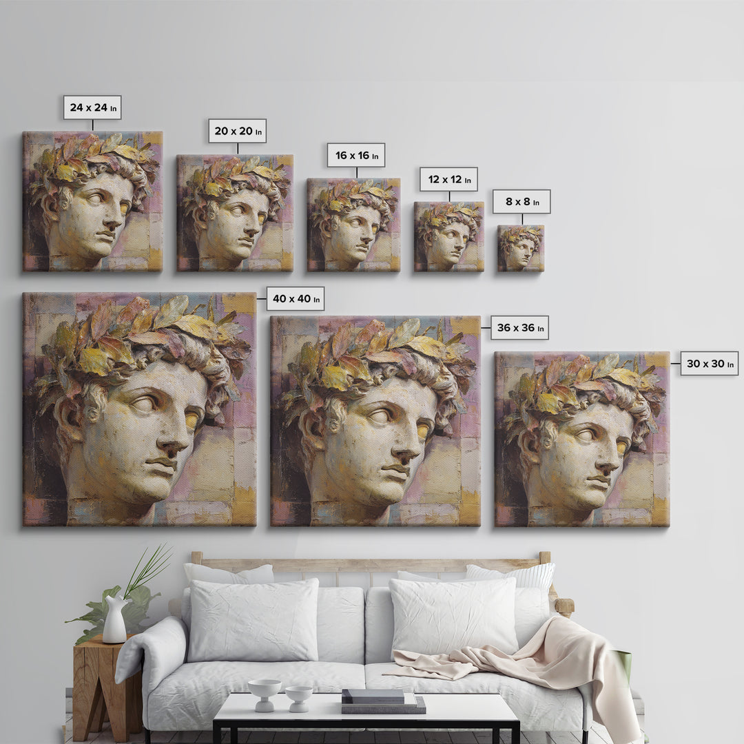 Roman Statue Bust Framed Canvas Print, Mediterranean Art, Coastal Decor, Living Room Decor, Fine Art, Azure, Wall Decor, MAR-1x1-70