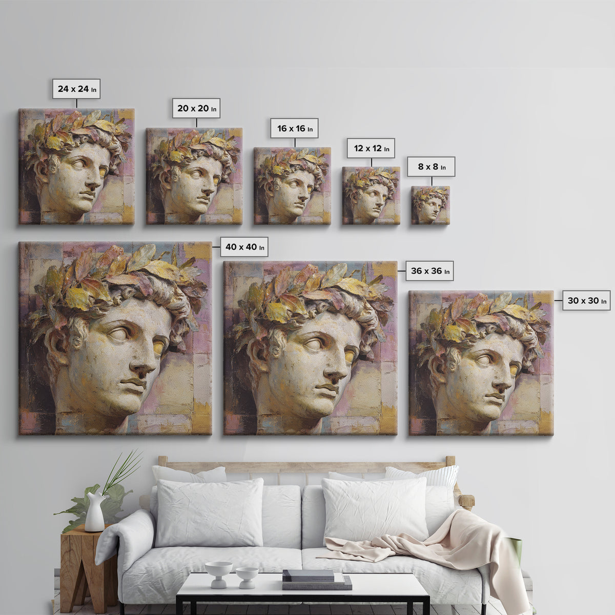 Roman Statue Bust Framed Canvas Print, Mediterranean Art, Coastal Decor, Living Room Decor, Fine Art, Azure, Wall Decor, MAR-1x1-70