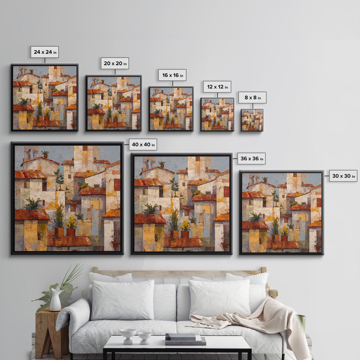 Sunset over Red Tiled Rooftops Framed Canvas Print, Mediterranean Art, Gallery Wall Art, Living Room Decor, Fine Art, Azure, MAR-1x1-71