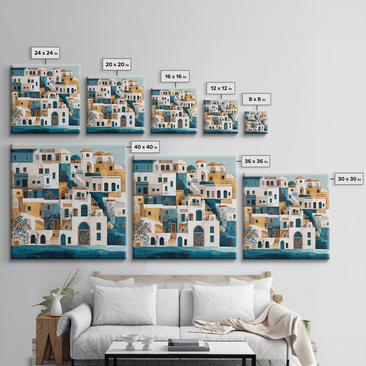 Greek Island White Buildings Above Blue Sea Canvas Print, Mediterranean Art, Neutral Decor, Living Room Decor, Azure, MAR-1x1-73