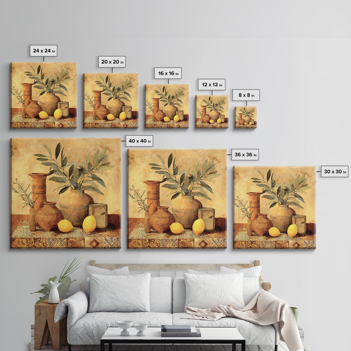 Olive Branch and Lemons on Terracotta Ground Canvas Print, Mediterranean Art, Downloadable Art, Living Room Decor, Azure, MAR-1x1-74