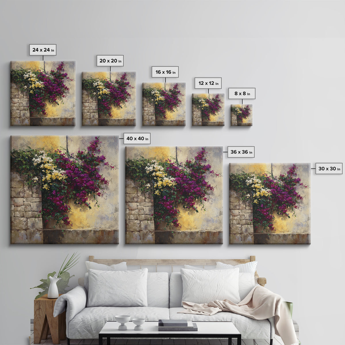 Bougainvillea Cascading over Stone Wall Canvas Print, Mediterranean Art, Modern Decor, Living Room Decor, Fine Art, Azure, MAR-1x1-77