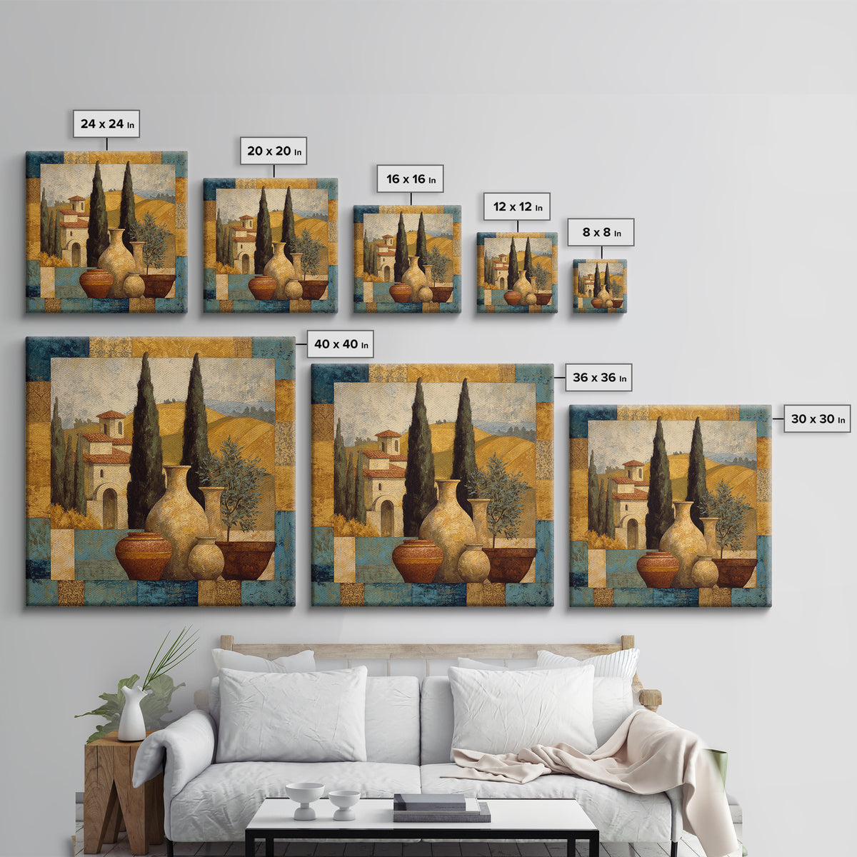 Tuscan Cypress Trees and Golden Hillside Framed Canvas Print, Mediterranean Art, Beach Prints, Living Room Decor, Azure, MAR-1x1-78