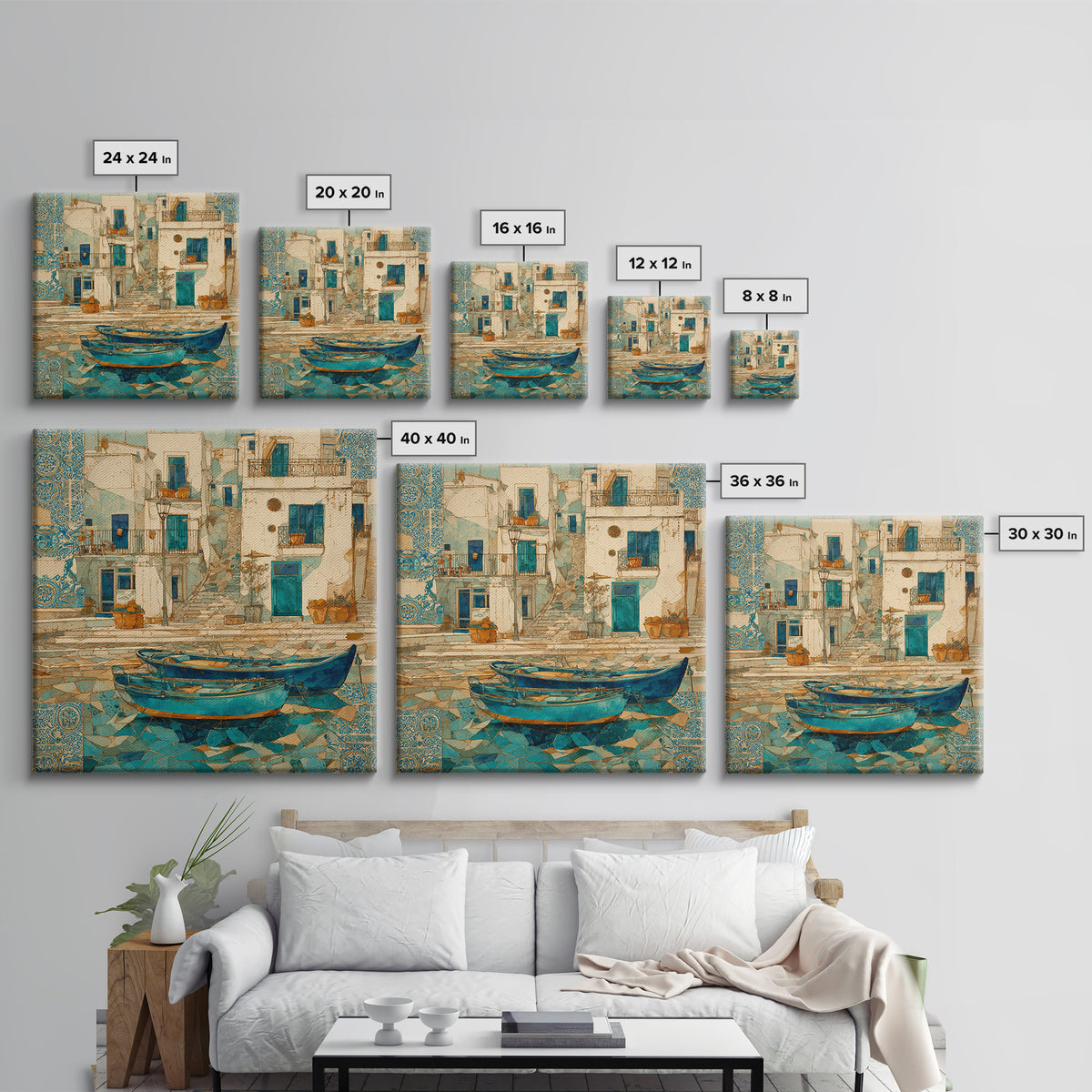 Coastal Fishing Boats Framed Canvas Print, Mediterranean Art, Wall Decor, Living Room Decor, Oil Painting, Azure, MAR-1x1-79