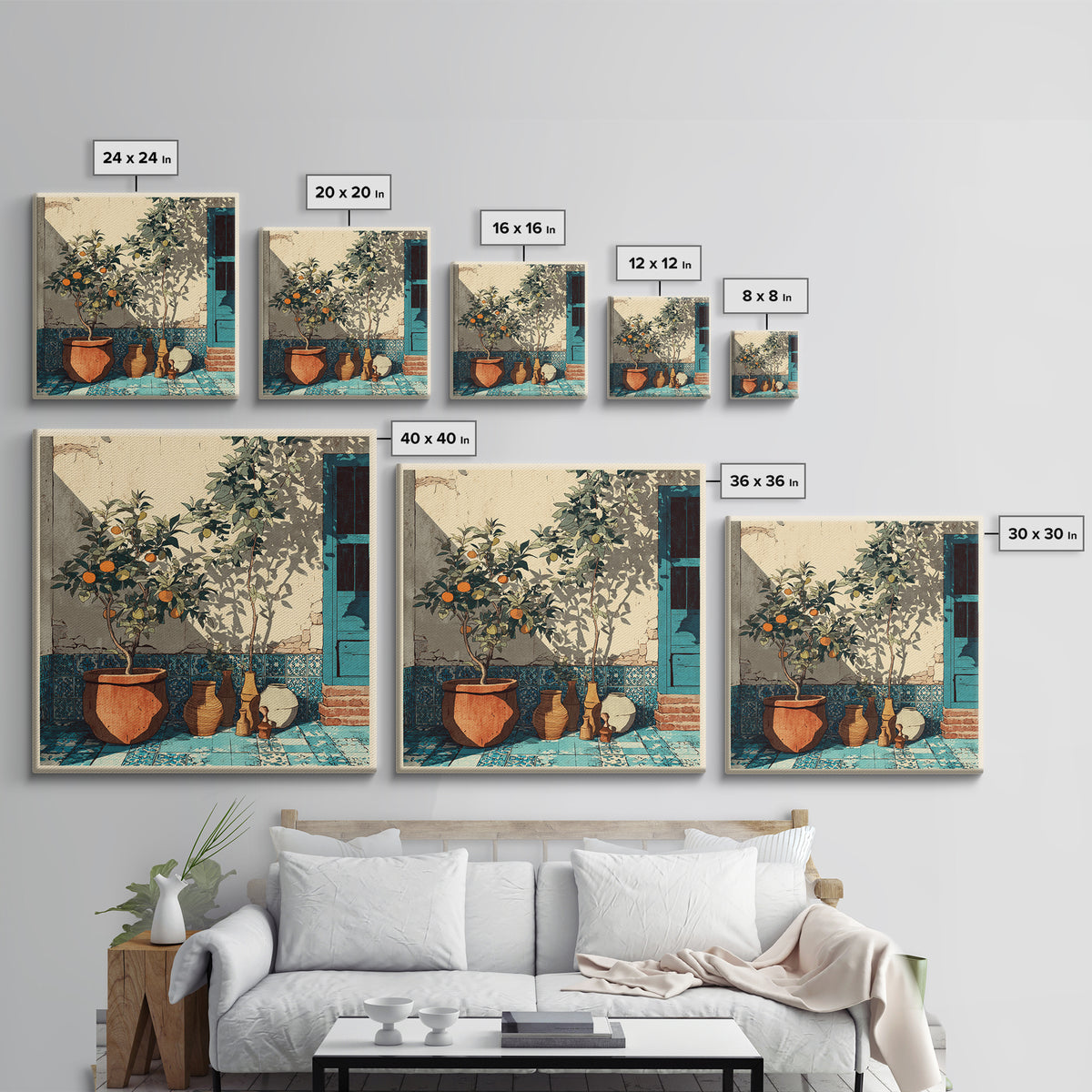 Citrus Tree in Clay Pot Canvas Print, Mediterranean Art, Coastal Wall Decor, Living Room Decor, Oil Painting, Azure, MAR-1x1-82