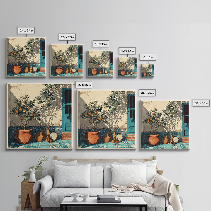Citrus Tree in Clay Pot Canvas Print, Mediterranean Art, Coastal Wall Decor, Living Room Decor, Oil Painting, Azure, MAR-1x1-82