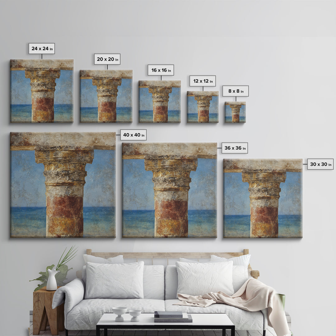 Ancient Column with Sea and Sky Beyond Framed Canvas Print, Mediterranean Art, Downloadable Art, Living Room Decor, MAR-1x1-84
