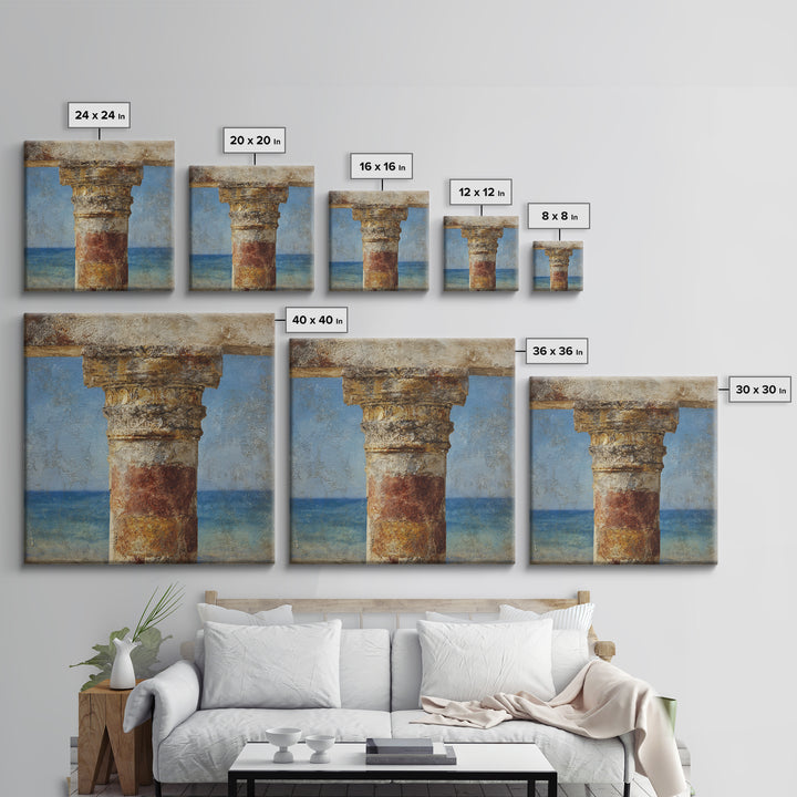 Ancient Column with Sea and Sky Beyond Framed Canvas Print, Mediterranean Art, Downloadable Art, Living Room Decor, MAR-1x1-84