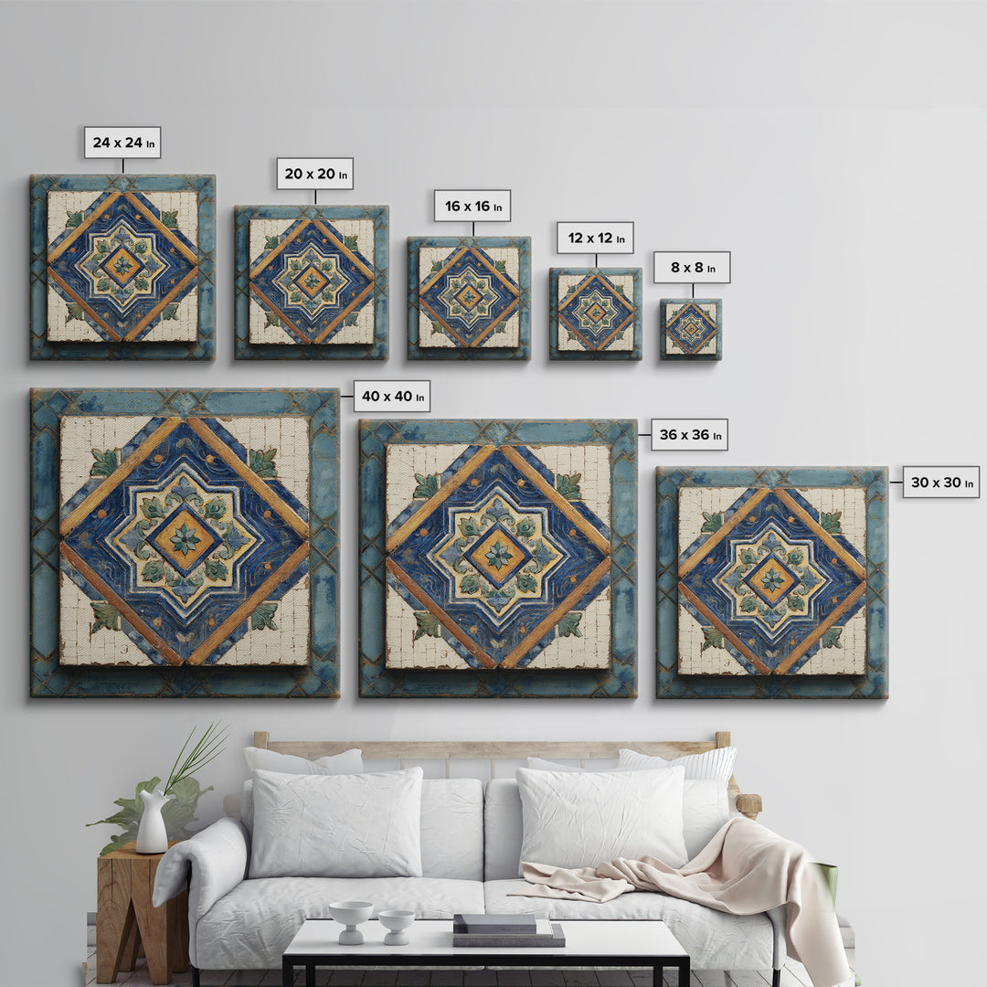 Spanish Tile Ornament Framed Canvas Print, Mediterranean Art, Art Print, Living Room Decor, Fine Art, Azure, Digital Print, MAR-1x1-88