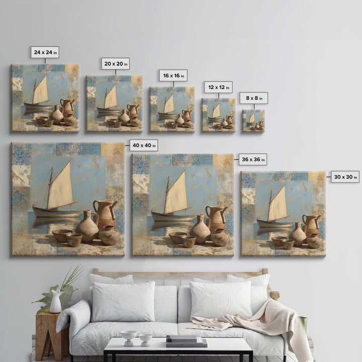 Mediterranean Sailboat on Glassy Water Canvas Print, Mediterranean Art, Gallery Wall Art, Living Room Decor, Fine Art, Azure, MAR-1x1-90
