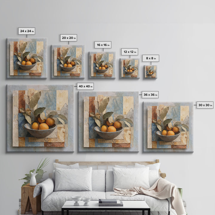 Ceramic Bowl of Oranges and Leaves Framed Canvas Print, Mediterranean Art, Wall Decor, Living Room Decor, Oil Painting, Azure, MAR-1x1-93