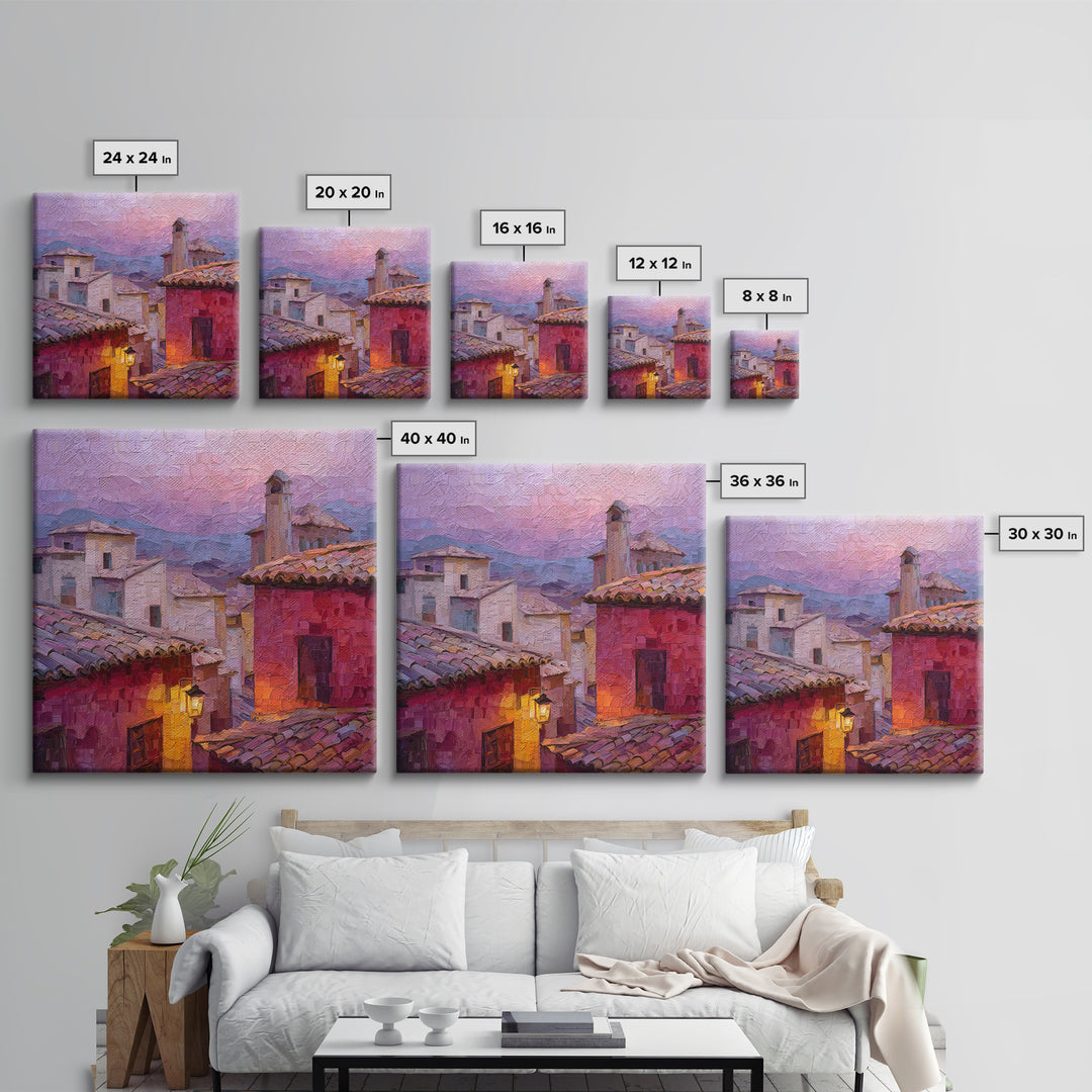 Sunset over Red Tiled Rooftops Canvas Print, Mediterranean Art, Travel Poster, Living Room Decor, Fine Art, Azure, MAR-1x1-95
