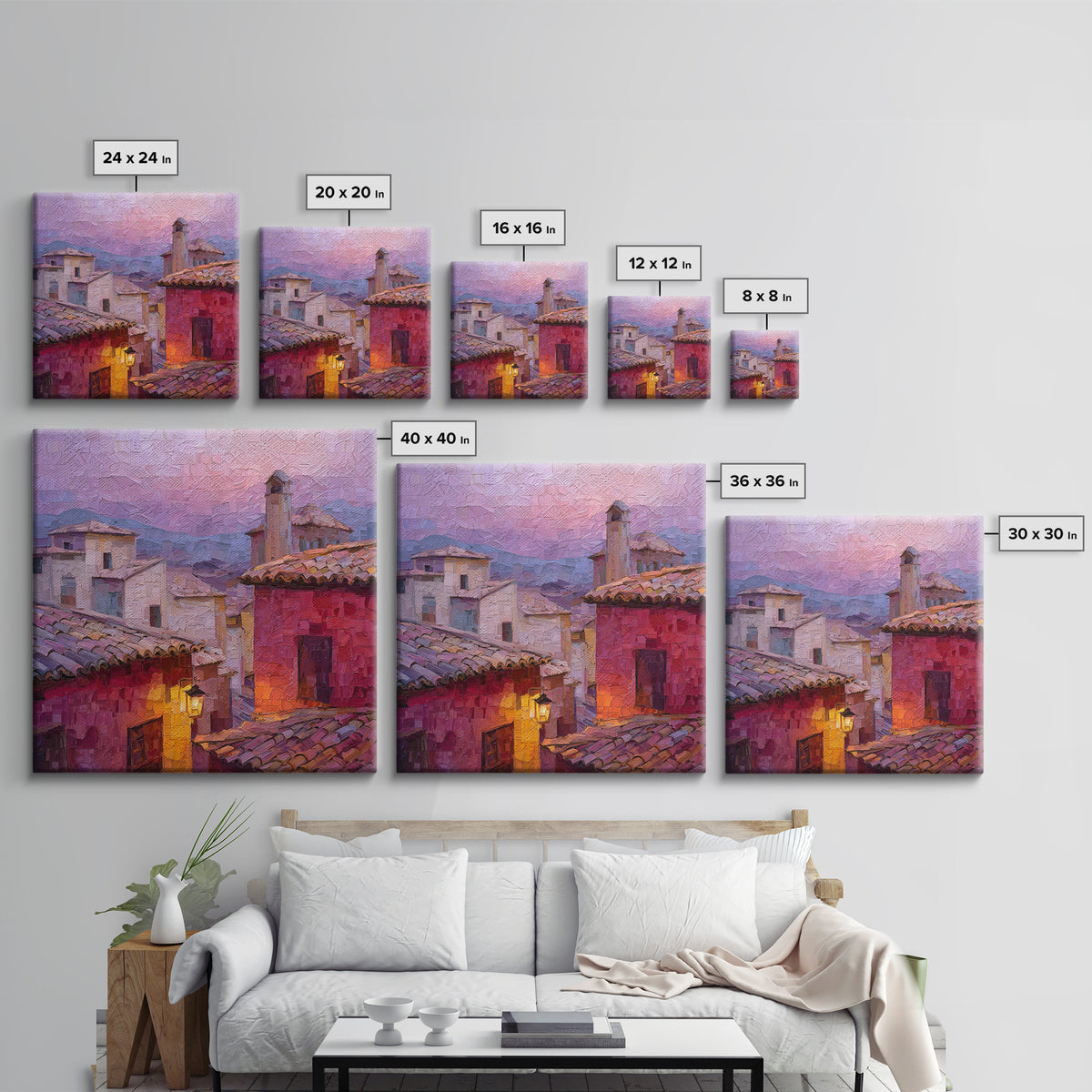 Sunset over Red Tiled Rooftops Canvas Print, Mediterranean Art, Travel Poster, Living Room Decor, Fine Art, Azure, MAR-1x1-95