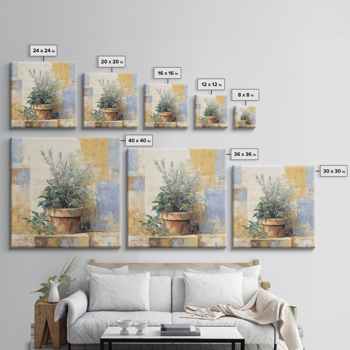 Wild Herbs Rosemary and Thyme Botanical Study Canvas Print, Mediterranean Art, Original Painting, Living Room Decor, Azure, MAR-1x1-96