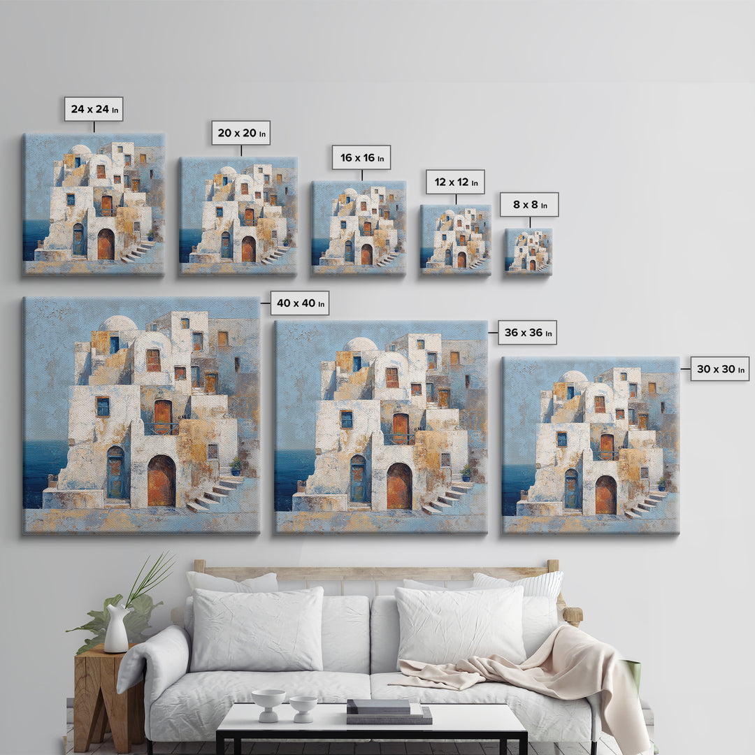 Greek Island White Buildings Above Blue Sea Canvas Print, Mediterranean Art, Luxury Decor, Living Room Decor, Oil Painting, MAR-1x1-97