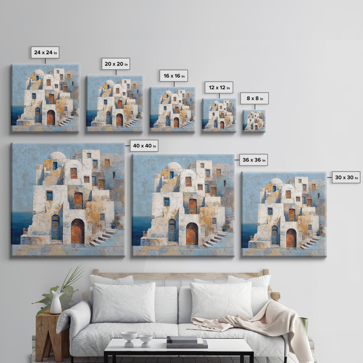 Greek Island White Buildings Above Blue Sea Canvas Print, Mediterranean Art, Luxury Decor, Living Room Decor, Oil Painting, MAR-1x1-97
