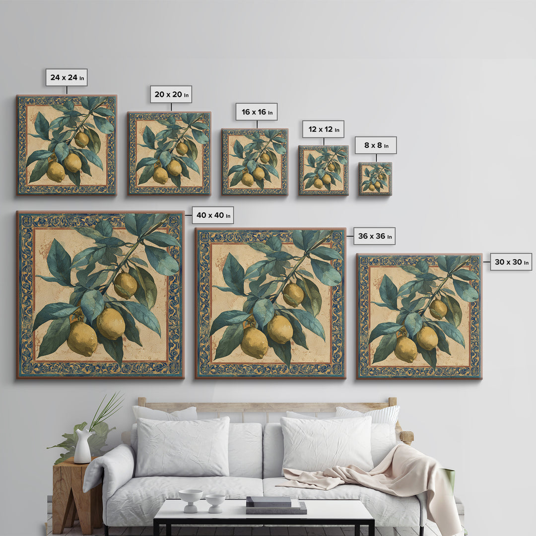 Olive Branch and Lemons on Terracotta Ground Canvas Print, Mediterranean Art, Wall Decor, Living Room Decor, Fine Art, Azure, MAR-1x1-98