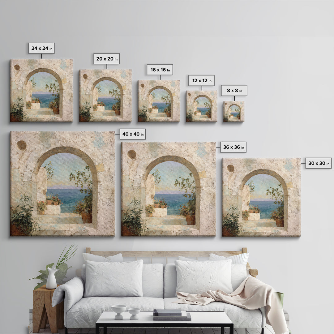 Mediterranean Arch Framing Ocean Horizon Canvas Print, Mediterranean Art, Living Room Decor, Oil Painting, Azure, MAR-1x1-99