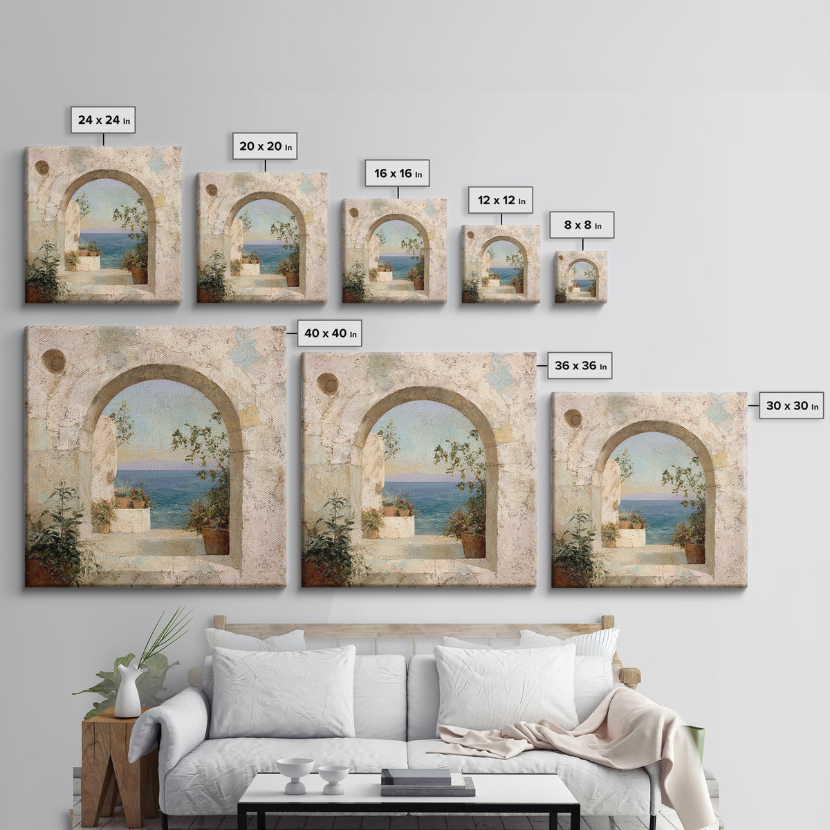 Mediterranean Arch Framing Ocean Horizon Canvas Print, Mediterranean Art, Living Room Decor, Oil Painting, Azure, MAR-1x1-99