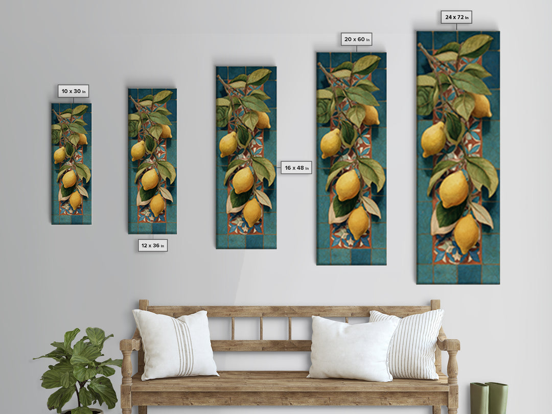 Olive Branch and Lemons on Terracotta Ground Canvas Print, Mediterranean Art, Beach Wall Art, Living Room Decor, Azure, MAR-1x3-14