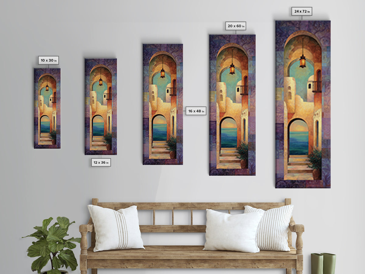 Mediterranean Arch Framing Ocean Horizon Framed Canvas Print, Mediterranean Art, Statement Artwork, Living Room Decor, Azure, MAR-1x3-15