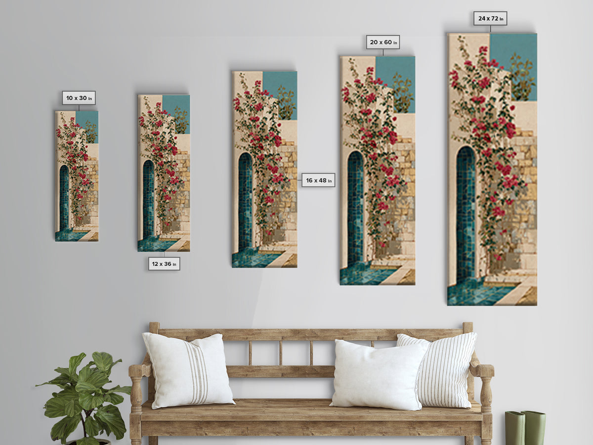 Bougainvillea Cascading over Stone Wall Canvas Print, Mediterranean Art, Modern Decor, Living Room Decor, Fine Art, Azure, MAR-1x3-17