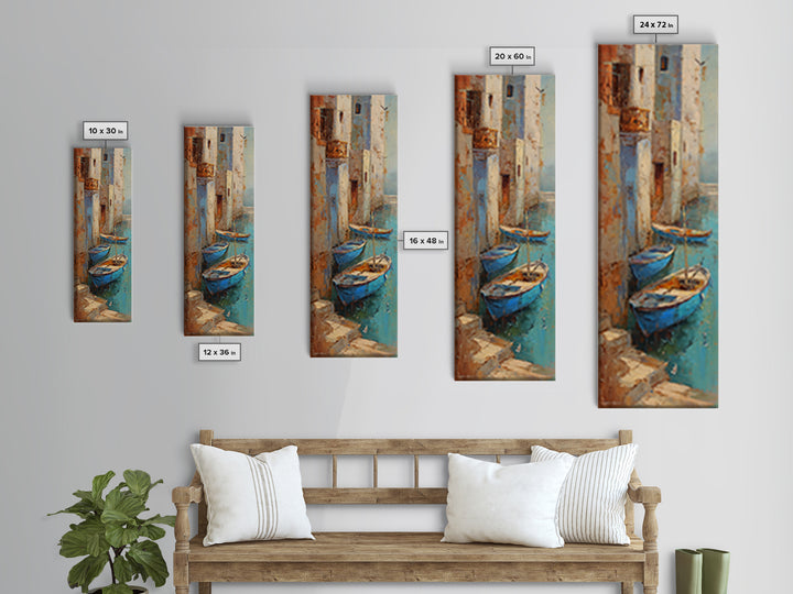 Coastal Fishing Boats Framed Canvas Print, Mediterranean Art, Boho Decor, Living Room Decor, Fine Art, Azure, Digital Wall Art, MAR-1x3-19