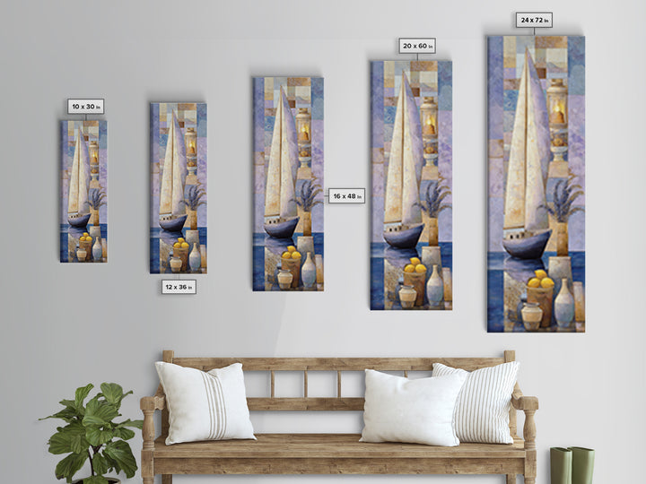 Mediterranean Sailboat on Glassy Water Framed Canvas Print, Mediterranean Art, Coastal Decor, Living Room Decor, Oil Painting, MAR-1x3-30