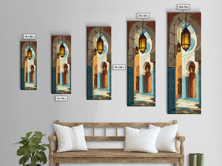Moroccan Influenced Lantern Framed Canvas Print, Mediterranean Art, Travel Poster, Living Room Decor, Oil Painting, Azure, MAR-1x3-45