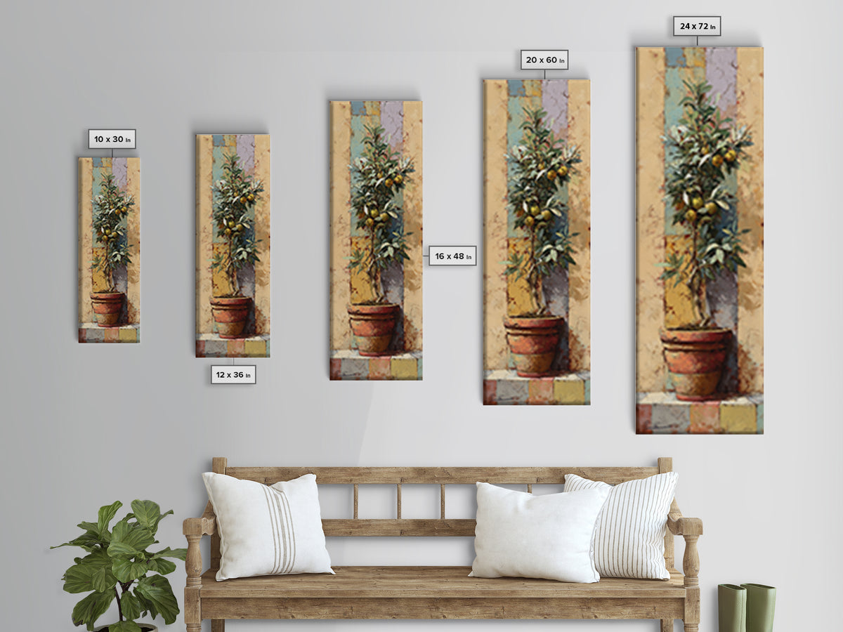 Citrus Tree in Clay Pot Framed Canvas Print, Mediterranean Art, Coastal Art, Living Room Decor, Azure, Statement Artwork, MAR-1x3-46