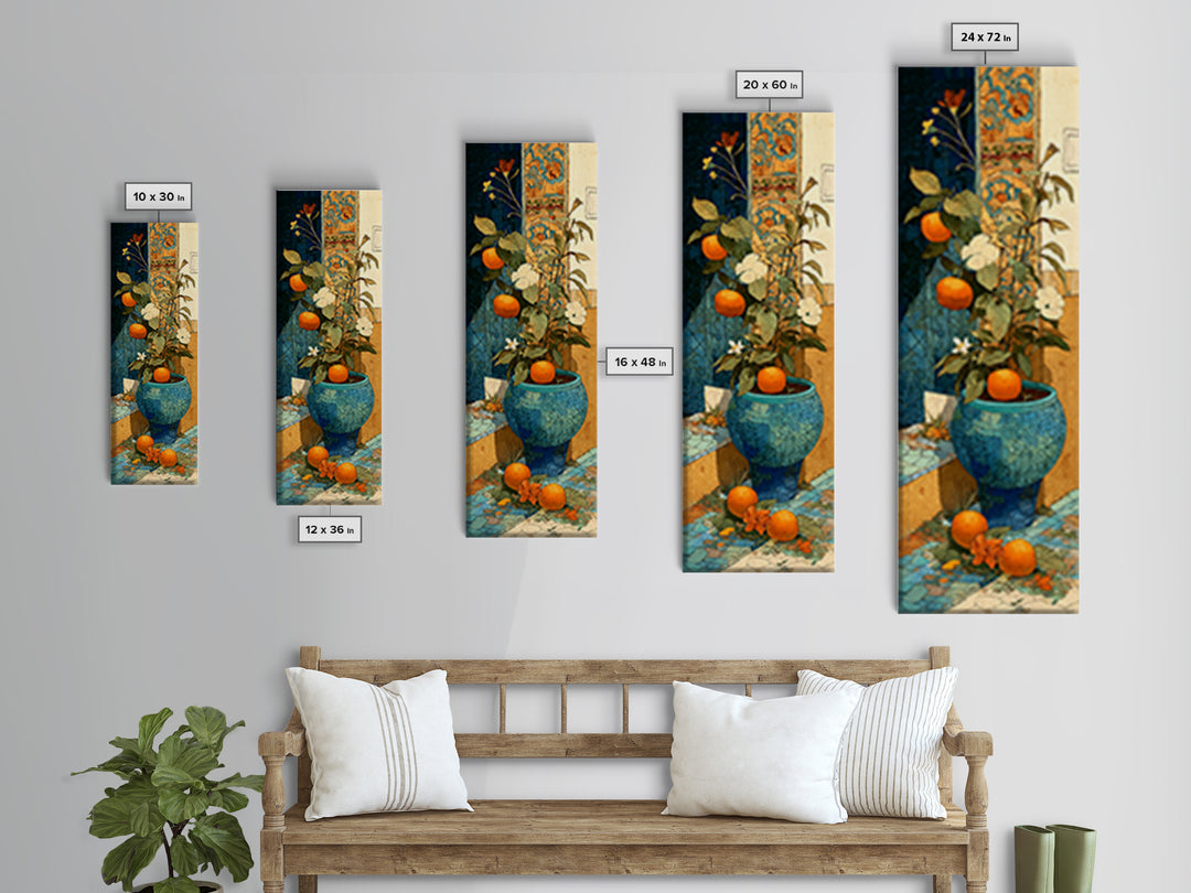 Ceramic Bowl of Oranges and Leaves Canvas Print, Mediterranean Art, Beach Prints, Living Room Decor, Abstract Art, Azure, MAR-1x3-57