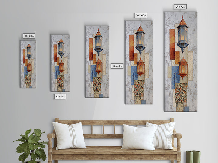 Moroccan Influenced Lantern Framed Canvas Print, Mediterranean Art, Travel Poster, Living Room Decor, Oil Painting, Azure, MAR-1x3-69