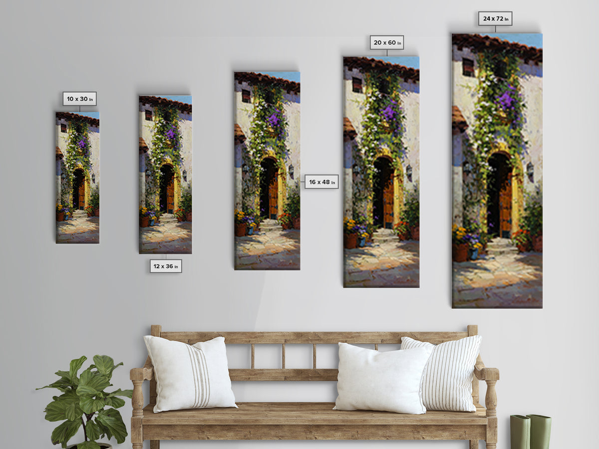 Sunlit Courtyard Doorway Framed Canvas Print, Mediterranean Art, Farmhouse Decor, Living Room Decor, Fine Art, Azure, MAR-1x3-71